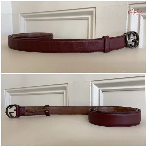 Authentic Gucci Dark Maroon Calfskin Leather Interlocking G Buckle Belt 85/34
